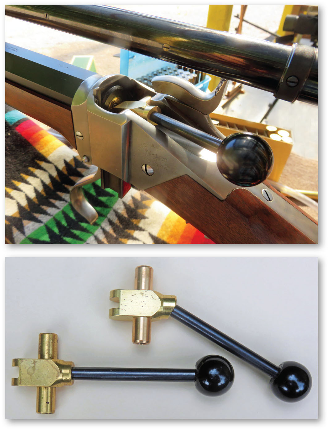 The Scope Model (top) camming a cartridge into a scoped Model 1874 Sharps. Comparing the straight version (bottom) with the Scope Model.